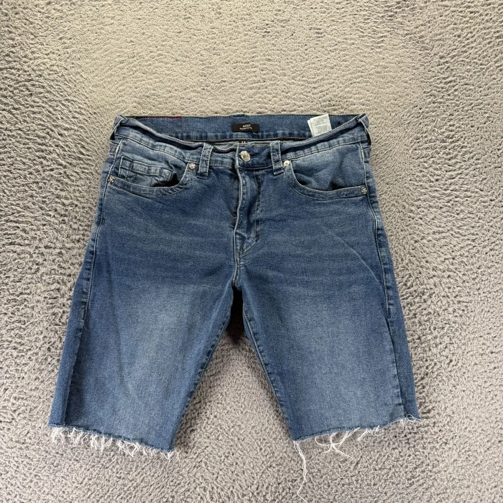 True Religion Ricky Shorts Mens 34 Blue Cotton Denim Bermuda Relaxed Fit Raw Hem